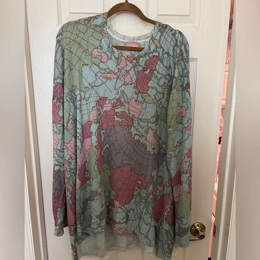Show Me Your MuMu pastel map-print sweater in light blue, pink, green